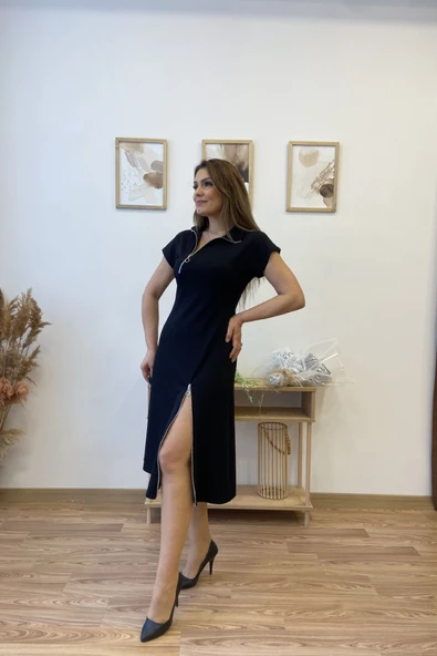 Fermuar Aksesuarlı Modal Kumaş Uzun Elbise - Resim 4