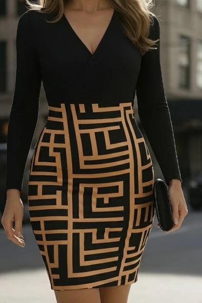 Lucky Life Kadın Uzun Kollu Kruvaze Yaka Labirent Desen Dalgıç Elbise ürün görseli 1