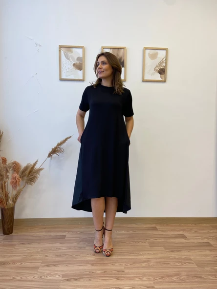 Asimetrik Ön Viscon Arka Terikoton Elbise - Resim 7