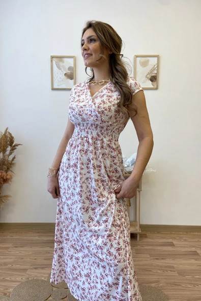 Kruvaze Yaka Çiçekli Uzun Viscon Elbise - Resim 8