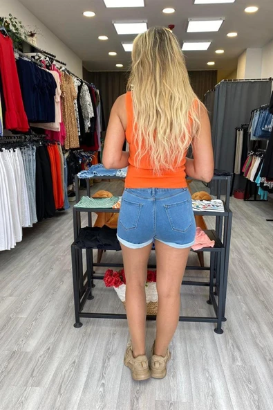 Mavi Paça katlamalı Jean Şort - Resim 3