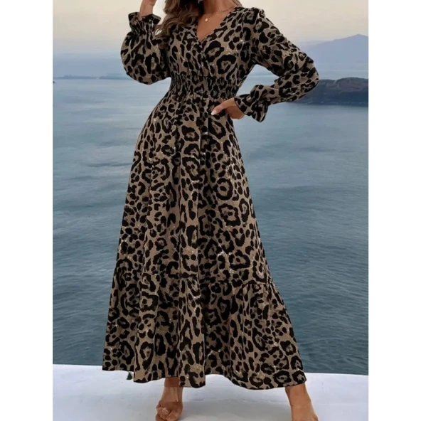 Lucky Life Kadın Uzun Kollu Kruvaze Yaka Leopar Desenli Uzun Süprem Elbise - Resim 2