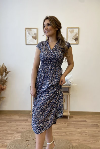 Kruvaze Yaka Çiçekli Uzun Viscon Elbise - Resim 9