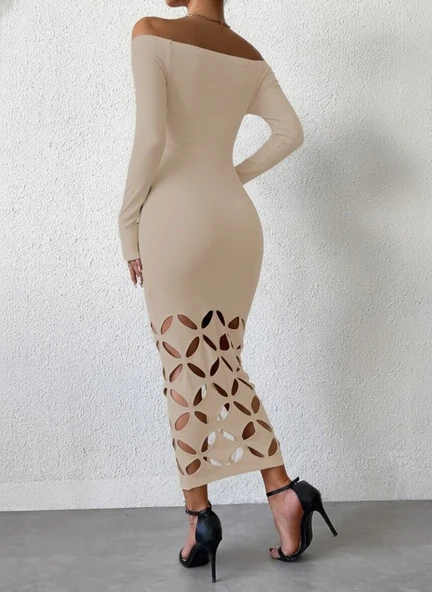 Lucky Life Kadın Madonna Yaka Uzun Kollu Lazer çiçek Kesim Detaylı Uzun Ithal Krep Elbise - Resim 3