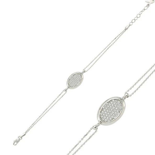 925 Ayar Gümüş Oval Beyaz Taşlı Bileklik BR0460299 (770770) ürün görseli 1