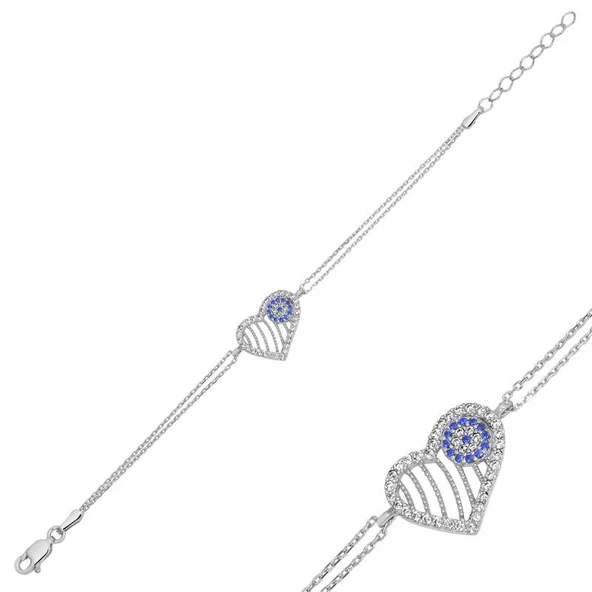 925 Ayar Gümüş Nazarlı Kalp Kadın Bileklik T7768 (770770) ürün görseli 1