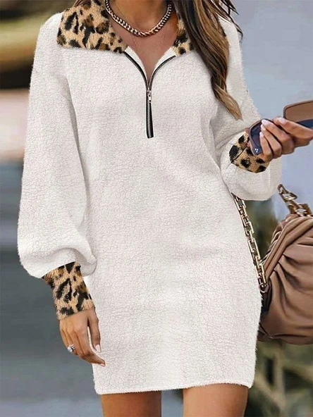 Lucky Life Kadın Uzun Kollu Yakalı önden Fermuarlı Leopar Detaylı Mini Peluş Elbise - Resim 4