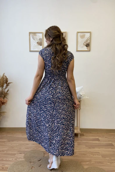 Kruvaze Yaka Çiçekli Uzun Viscon Elbise - Resim 12