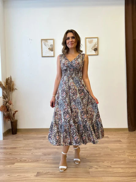 Beli Gipeli Etnik Desen Sıfır Kol Elbise - Resim 7