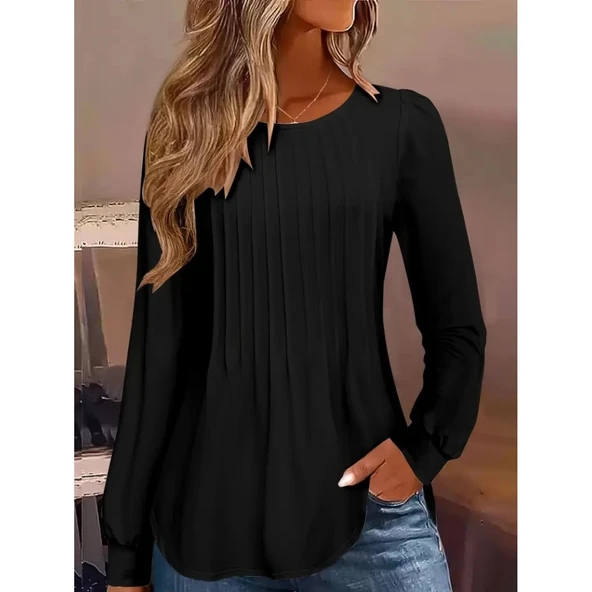 Lucky Life Kadın Uzun Kollu Yuvarlak Yaka Nervürlü Bluz - Resim 2