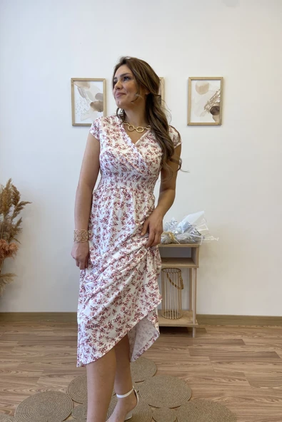 Kruvaze Yaka Çiçekli Uzun Viscon Elbise - Resim 6