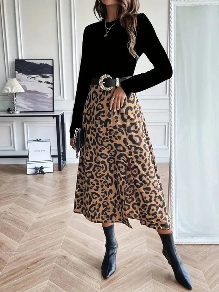 Lucky Life Kadın Uzun Kollu Bisiklet Yaka Ithal Krep Bluz Alt Desenli Modal Midi Elbise - Resim 4