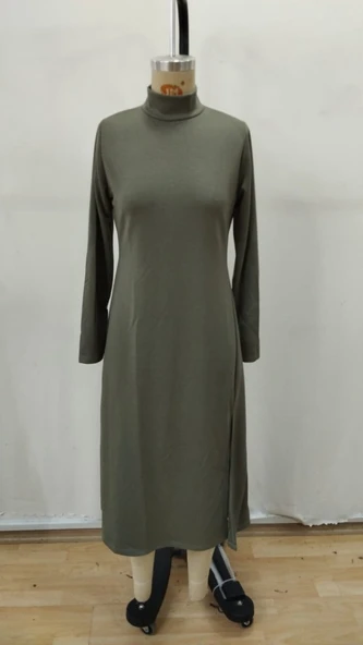 Lucky Life Kadın Uzun Kollu Balıkçı Yaka Derin Yırtmaç Detay Krep Elbise - Resim 5