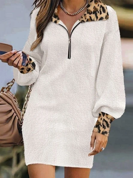 Lucky Life Kadın Uzun Kollu Yakalı önden Fermuarlı Leopar Detaylı Mini Peluş Elbise - Resim 2