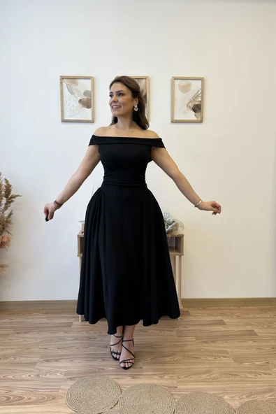 Premium Kalite Madonna Yaka Kloş Elbise - Resim 2