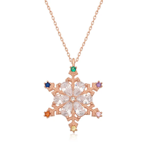 925 Ayar Gümüş Rose Renkli Taşlı Kar Tanesi Kadın Gümüş Kolye T7091 (770770) - Resim 2