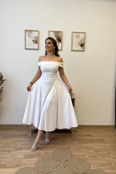 Premium Kalite Madonna Yaka Kloş Elbise - Resim 11