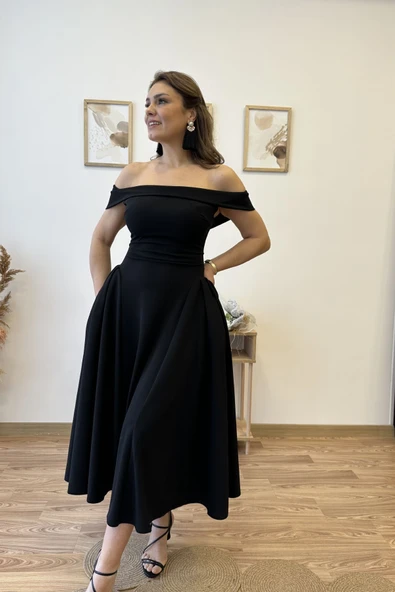 Premium Kalite Madonna Yaka Kloş Elbise - Resim 4