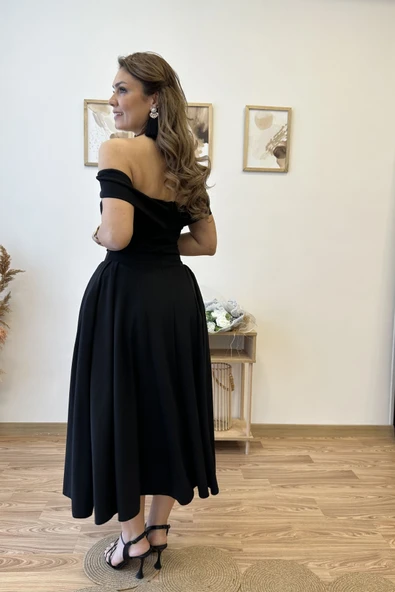 Premium Kalite Madonna Yaka Kloş Elbise - Resim 5