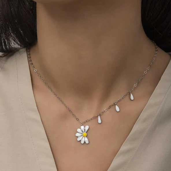 925 Ayar Gümüş Papatya Seviyor Sevmiyor Bayan Gümüş Kolye T5979 (770770) - Resim 2