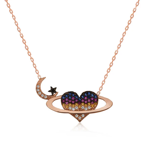 925 Ayar Gümüş Kalpli Gezegen Kadın Gümüş Kolye PT2610673 (770770) ürün görseli 1