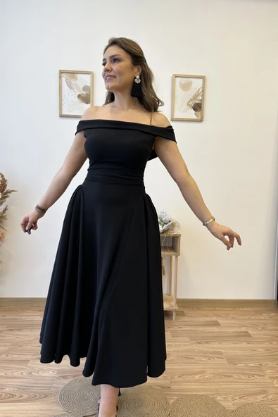 Premium Kalite Madonna Yaka Kloş Elbise - Resim 8