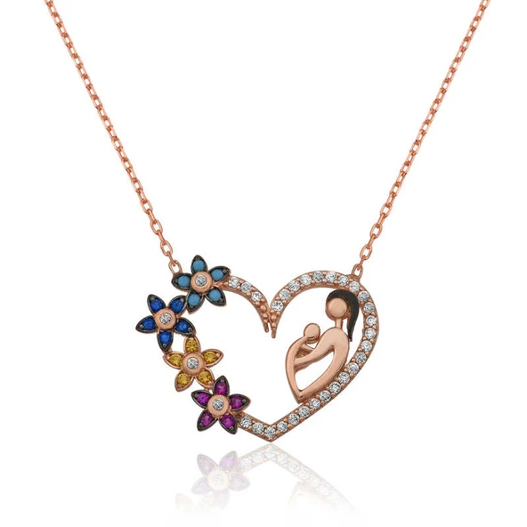 925 Ayar Gümüş Kalpli Anne Çocuk Kadın Gümüş Kolye PT2610715 (770770) ürün görseli 1