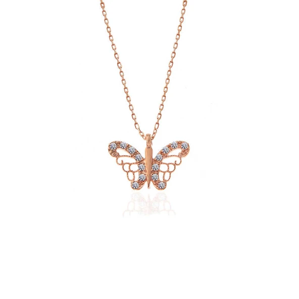 925 Ayar Gümüş Rose Kelebek Kadın Gümüş Kolye T7377 (770770) - Resim 2