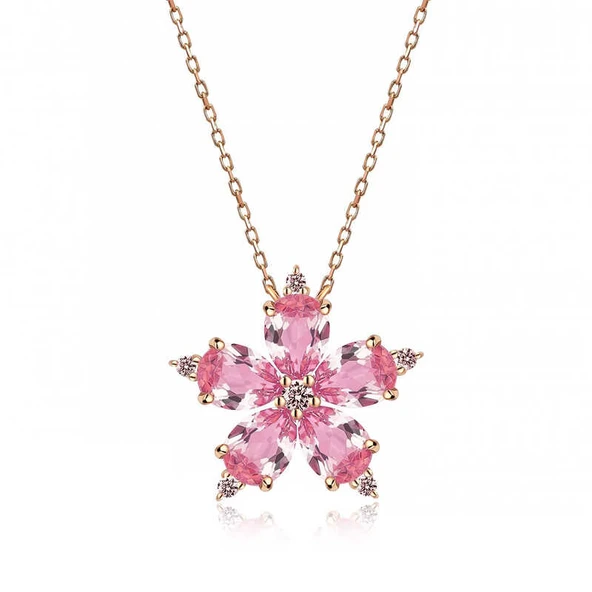 925 Ayar Gümüş Rose Pembe Kamelya Çiçeği Kolye T5180 (770770) - Resim 2
