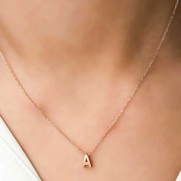 925 Ayar Gümüş Rose 3 Boyutlu A Harf Kadın Gümüş Kolye T5919 (770770) - Resim 2