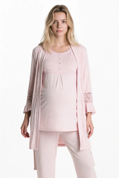 Kısa Kol Bisiklet Yaka Kadın Viskon Dantel Detaylı Hamile Pijama Takımı Sabahlık - Resim 2