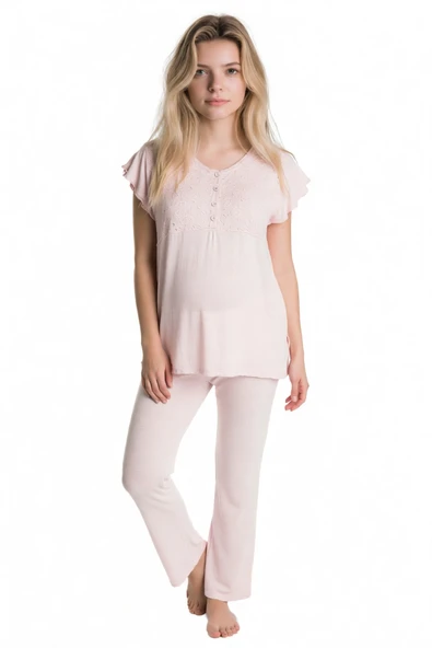 Kısa Kol Bisiklet Yaka Kadın Viskon Dantel Detaylı Hamile Pijama Takımı Sabahlık ürün görseli 1