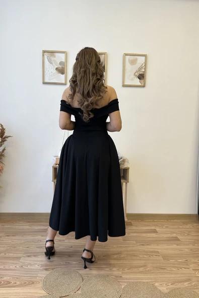 Premium Kalite Madonna Yaka Kloş Elbise - Resim 7