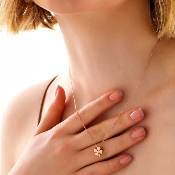 925 Ayar Gümüş Rose Dört Yapraklı Yonca Kadın Kolye T8012 (770770) - Resim 2