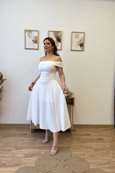 Premium Kalite Madonna Yaka Kloş Elbise - Resim 12