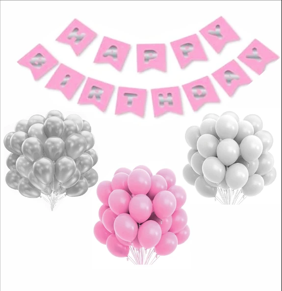 Pembe Gümüş Beyaz Balon-Banner Seti ürün görseli 1