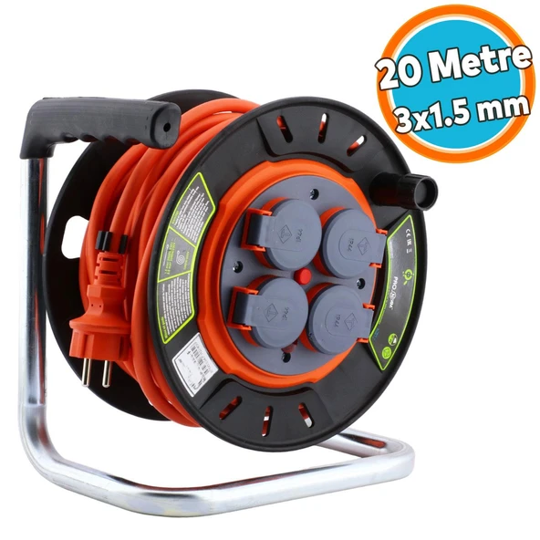 Küçük Makaralı Kapaklı Seyyar Kablo 4 Prizli Plastik Uzatma Kablosu 3x1.5 mm CCA Kablo 20 Metre ürün görseli