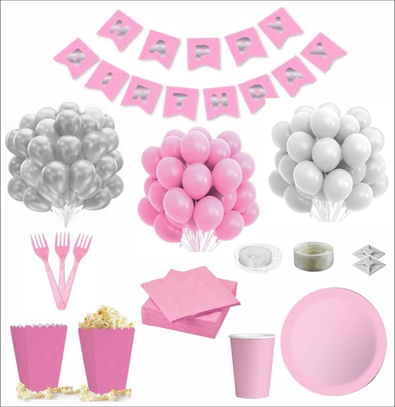 Pembe Beyaz 8 Kişilik Doğum Günü Seti ürün görseli 1