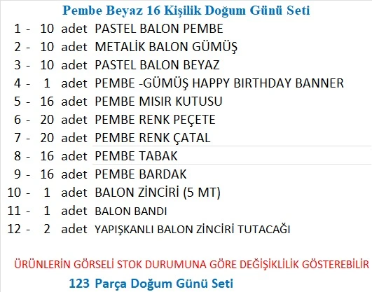 Pembe Beyaz 16 Kişilik Doğum Günü Seti - Resim 2