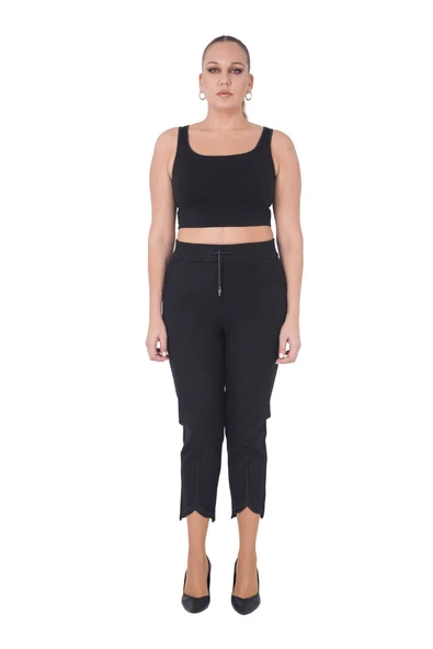 Büyük Beden Lastikli Yüksek Bel Likralı Boru Paça Toparlayıcı Taşlı Kaşmir Kadın Kalın Kışlık Pantolon - Resim 4