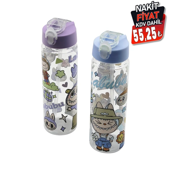 LABUBU ÇOCUK ÇİZGİ FİLM KARAKTER RESİMLİ SU MATARASI ŞEFFAF PLASTİK PİPETLİ KİLİTLİ KAPAK (5358) - Resim 2