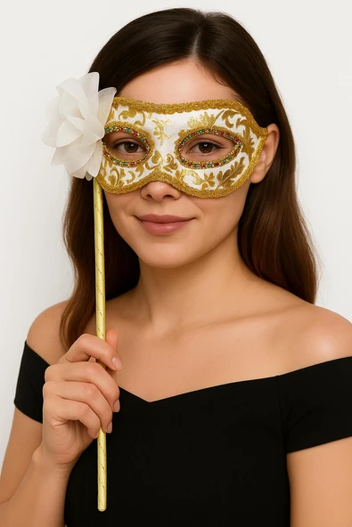 Lüks Taşlı Saplı Maskeli Balo Maskesi Beyaz Renk 35 cm (5358) ürün görseli