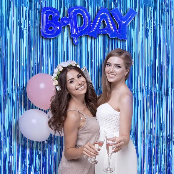 Mavi Renk Ekstra Metalize Parlak Saçaklı Arka Fon Perde İthal A Kalite 1x2 Metre (5358) - Resim 2