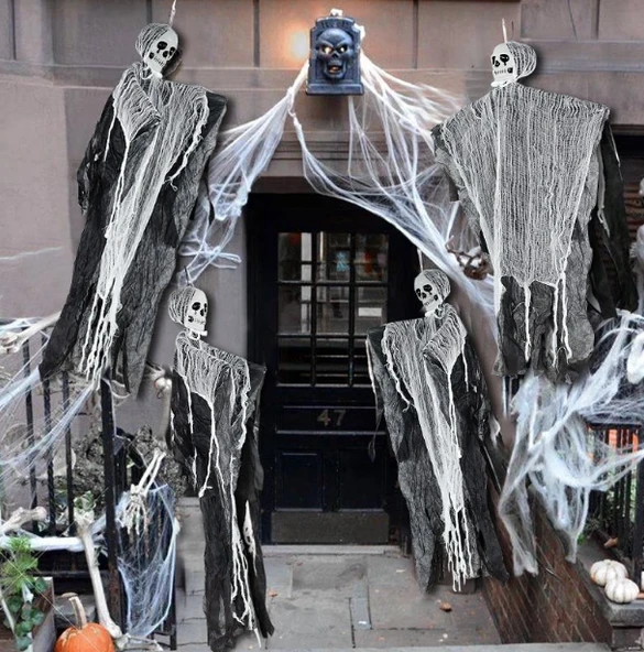 Ürpertici Kuru Kafa Korku Hayalet Saçaklı Dekor 90x50 cm (5358) - Resim 2