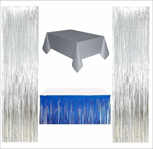 Gümüş Masa Örtüsü, Lacivert Masa Eteği, 2 Adet Gümüş Arka Fon ürün görseli 1