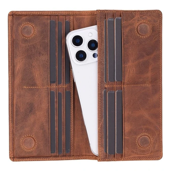 Aura Hakiki Deri, El Yapımı, Telefon Bölmeli, Kadın Cüzdanı, Açık Kahve - Resim 5