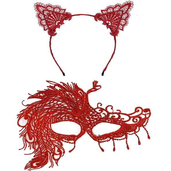 Alevin Zarafeti Kırmızı Dantel Maske ve Taç Seti 4 No – Kadın Kostüm Tamamlayıcı (5358) - Resim 2