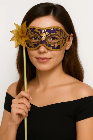 Lüks Taşlı Saplı Maskeli Balo Maskesi Mor Renk 35 cm (5358) ürün görseli 1