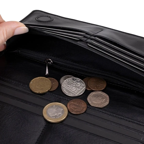 Aura Hakiki Deri, El Yapımı, Telefon Bölmeli, Kadın Cüzdanı, Kömür Siyahı - Resim 4