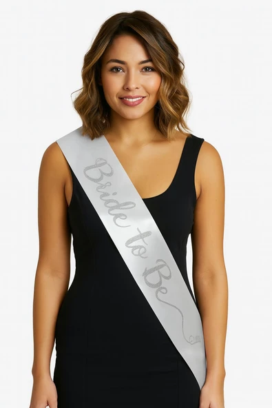 Beyaz Saten Üzerine El Yazısı İtalik Gümüş Bride To Be Kuşağı 10 cm Genişlik (5358) ürün görseli 1